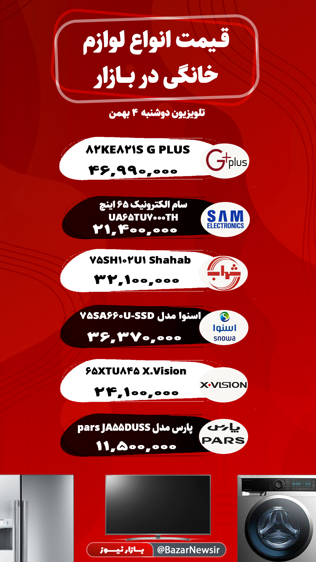 قیمت انواع تلویزیون در بازار دوشنبه ۴ بهمن