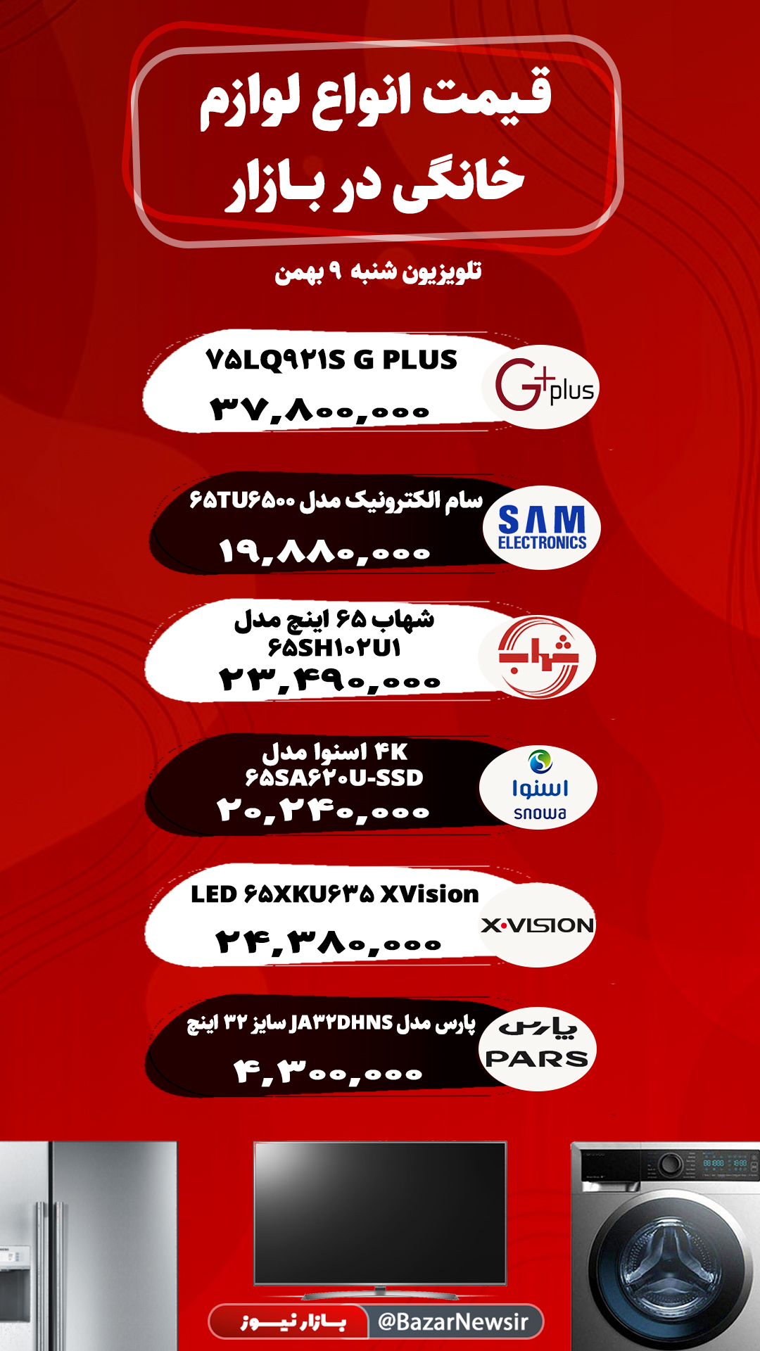 قیمت انواع تلویزیون در بازار شنبه ۹ بهمن