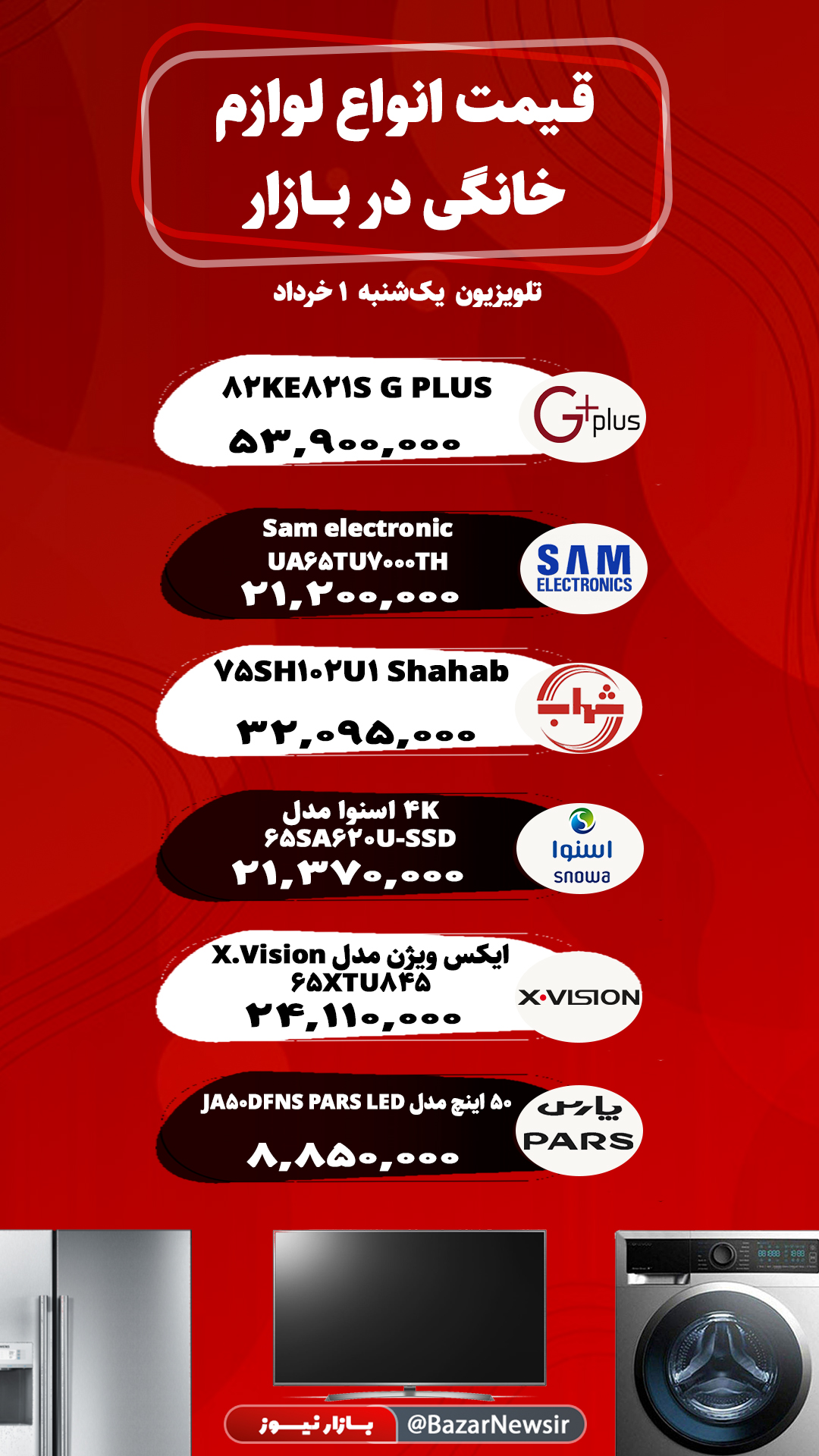 قیمت انواع تلویزیون در بازار یک‌شنبه ۱ خرداد